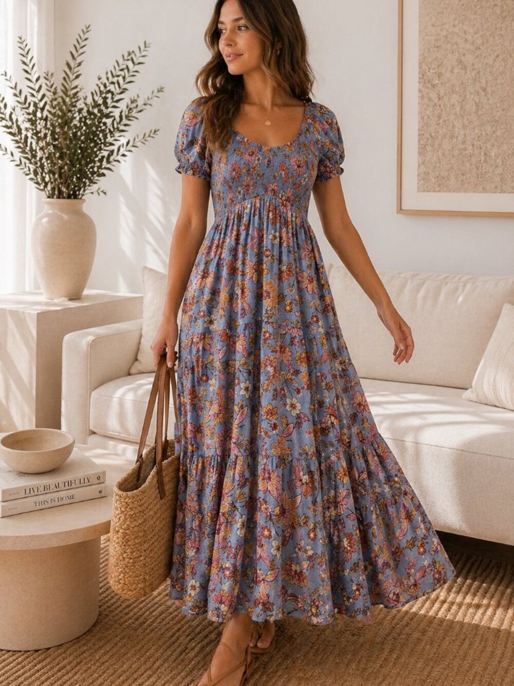 70s Boho Smocked Puff Sleeve Maxi Dress No Comment Floral Blue Rust Size L